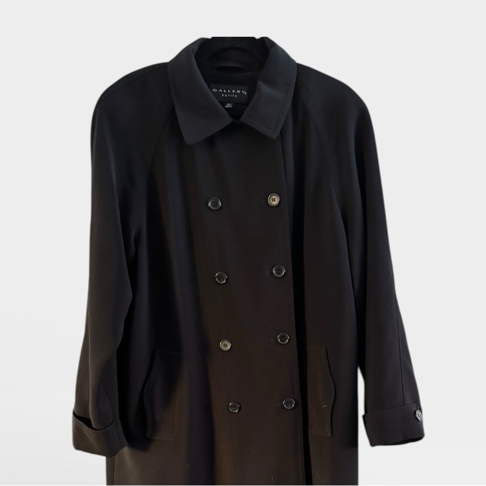 Vintage Gallery Long Black Classic Double Breasted Capsule Trench Coat Size 16P - Picture 3 of 11